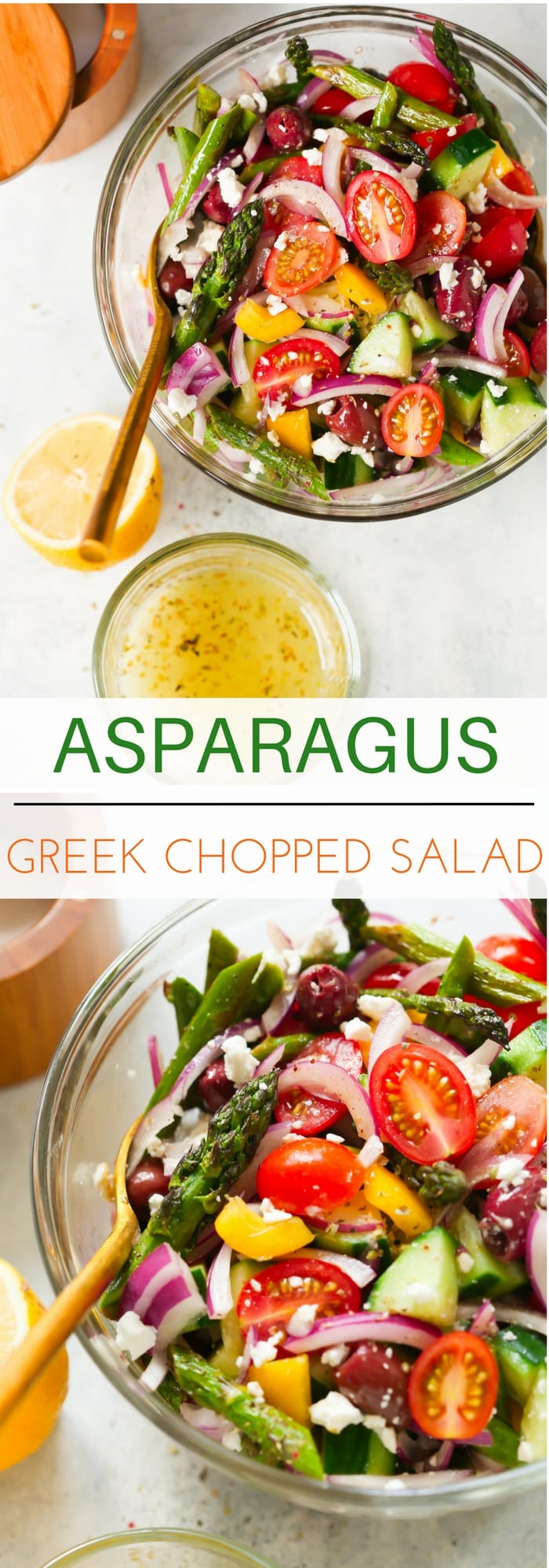 Asparagus Greek Chopped Salad - This Asparagus Greek Chopped Salad is made with roasted asparagus, cucumber, tomatoes, black olives, feta cheese and flavored with an easy lemon dressing.