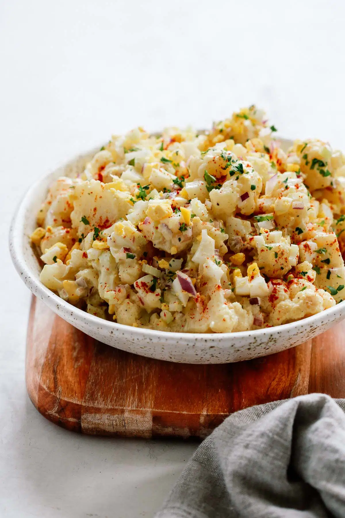 close-up of cauliflower potato in a white bowl