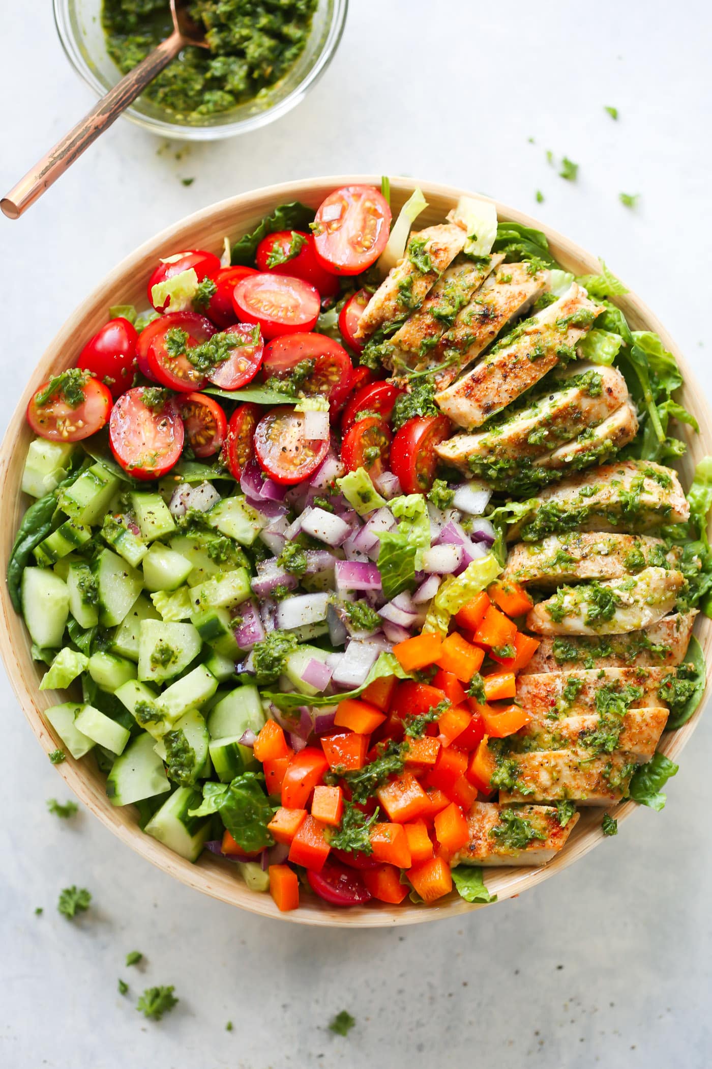 overhead view of a chimichurri chicken chopped Salad bowl - gluten-free dinner recipes