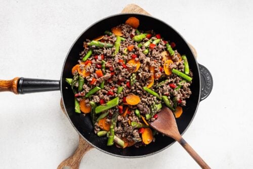 ground beef and vegetables in a skillet