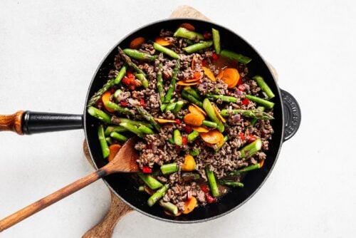 ground beef and vegetables in a skillet