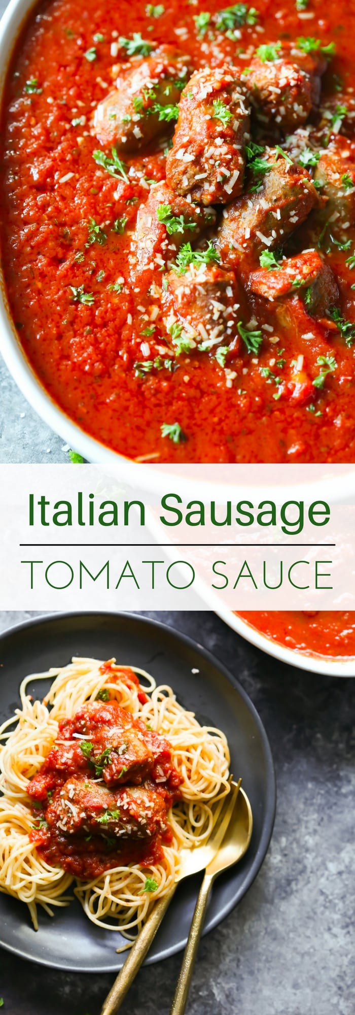 This Italian Sausage Tomato Sauce is loaded with tomatoes and spices. It's great over zucchini noodles, pasta, mashed potatoes and even on its own. 