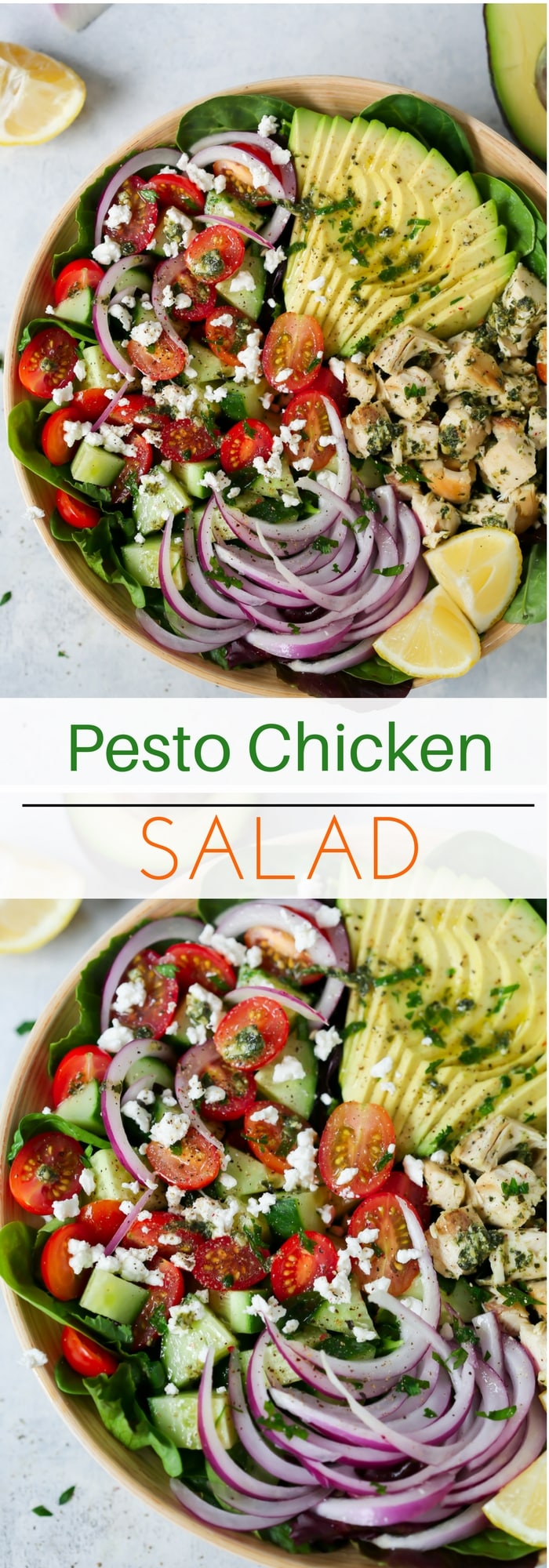 Pesto Chicken Salad - This healthy, easy, filling and super delicious Pesto Chicken Salad recipe is loaded with lettuces, cherry tomatoes, avocado, red onions and flavoured with a light lemon dressing. 