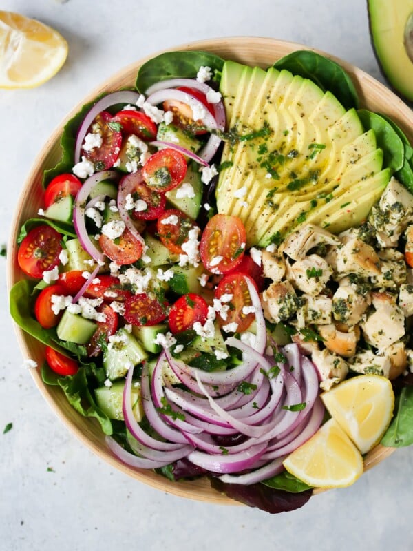 overhead view of a bowl of pesto Chicken salad