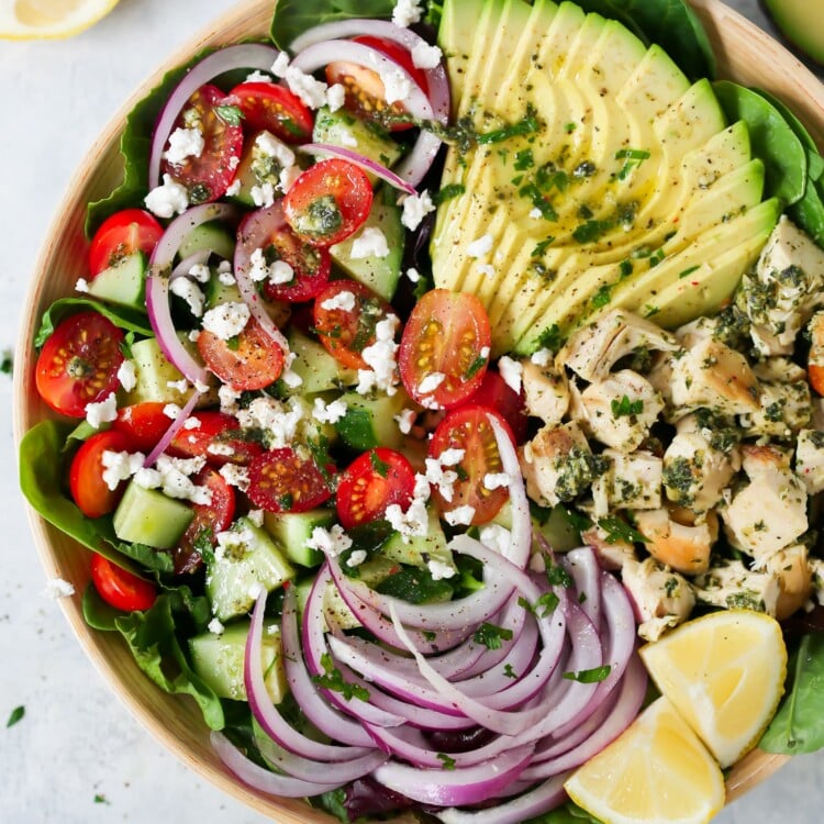 overhead view of a bowl of pesto Chicken salad