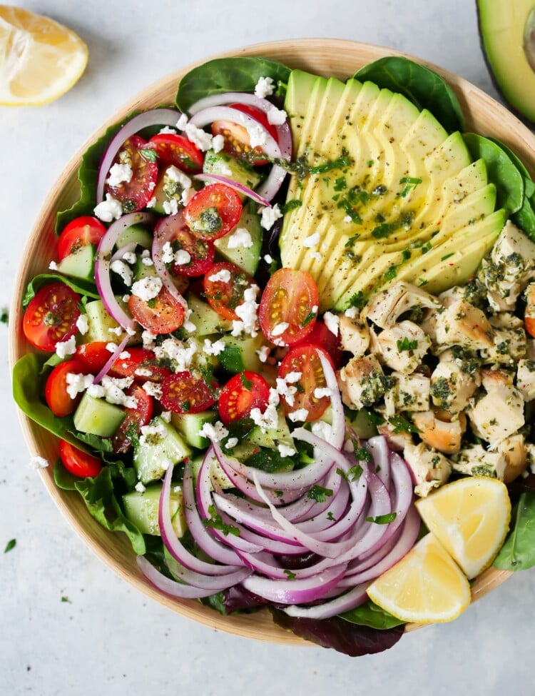 overhead view of a bowl of pesto Chicken salad