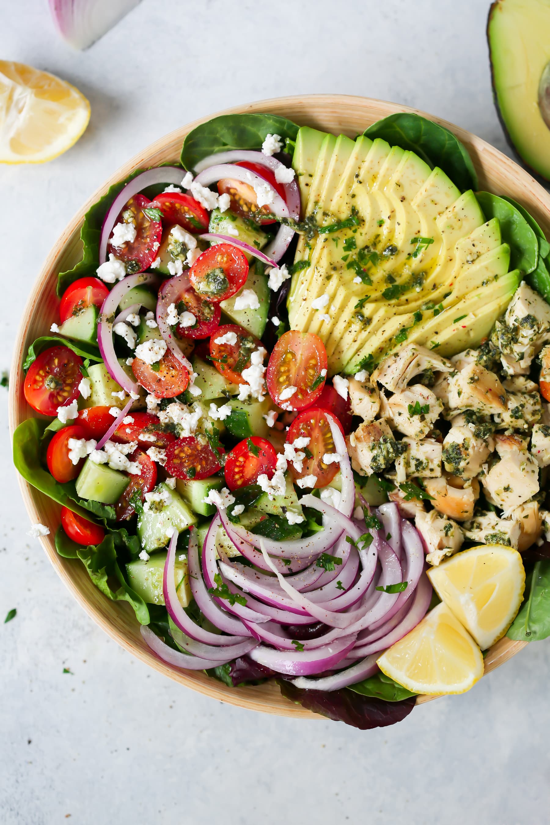 overhead view of a bowl of pesto Chicken salad