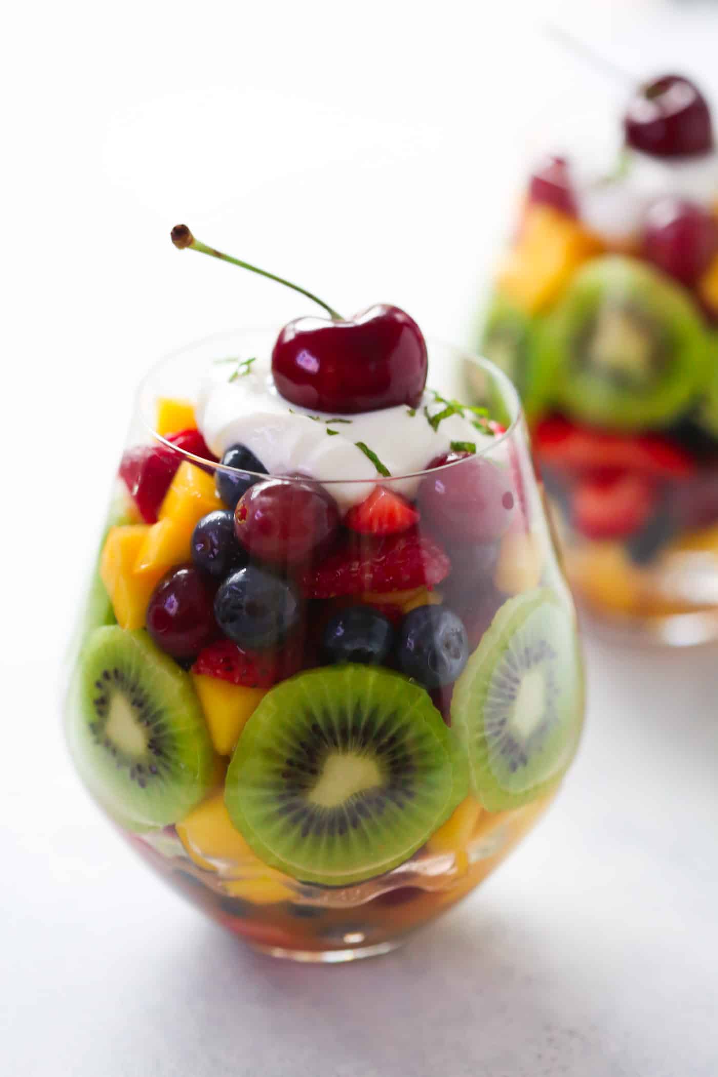 close-up of fruit salad in a glass