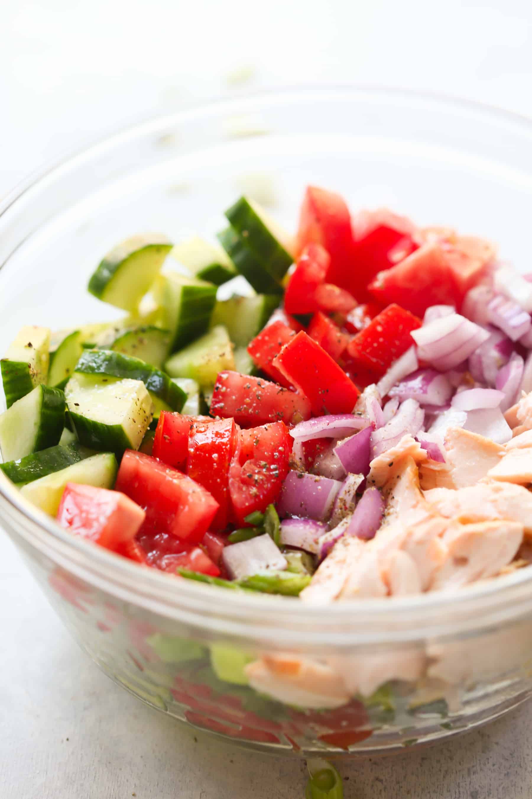 Salmon Chopped Salad recipe - Salmon Chopped Salad recipe is quick and easy to make, packed with protein, healthy fats and it’s flavoured with lemon vinaigrette.
