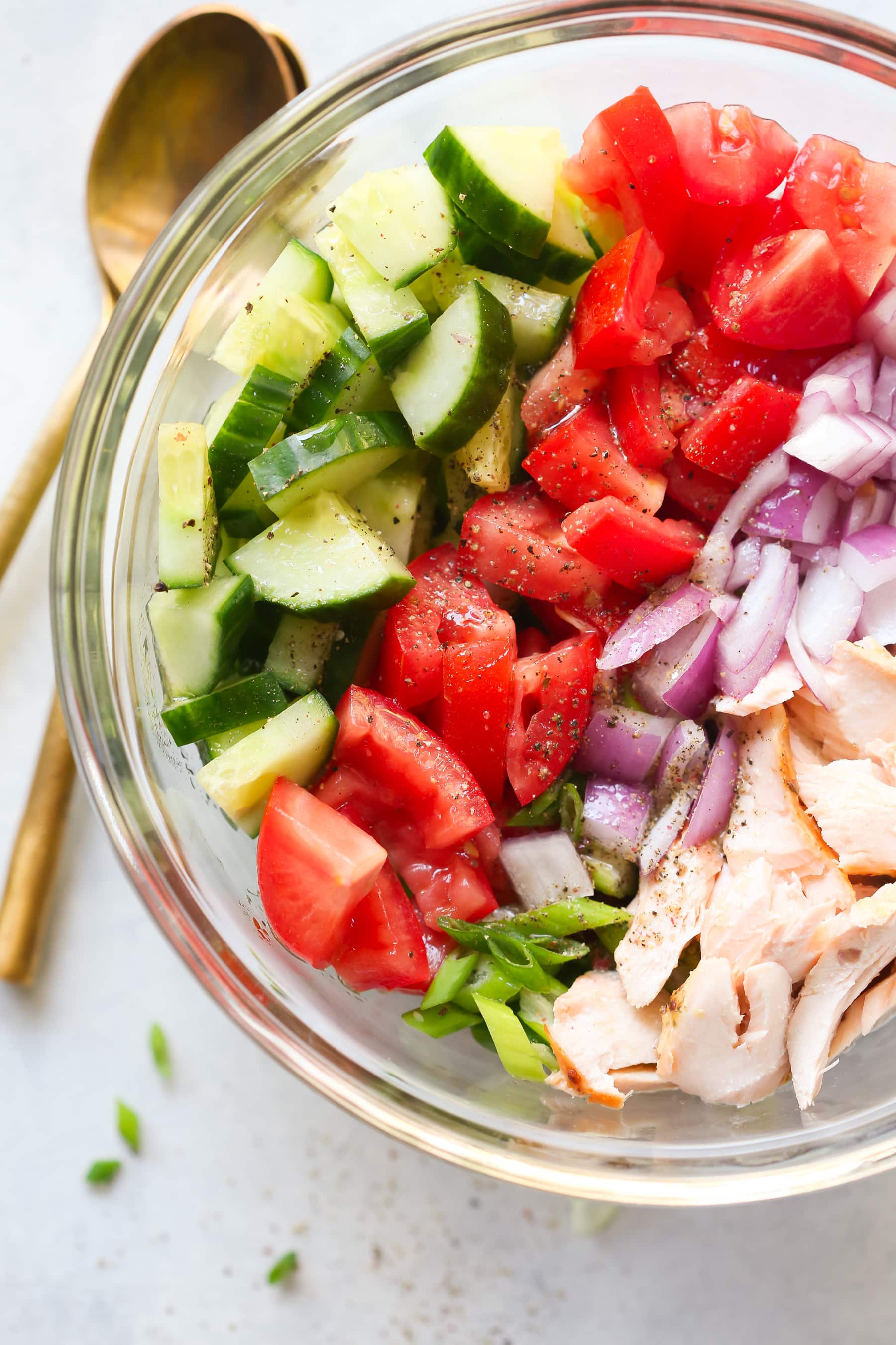 Low-carb Dinner Recipes: overhead view of chopped salmon salad
