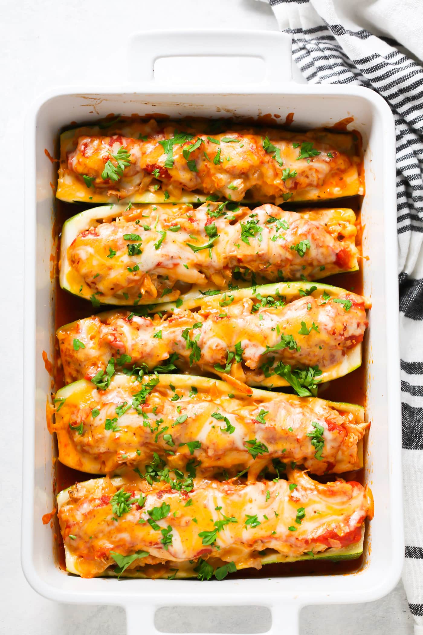 overhead view of chicken zucchini boats.