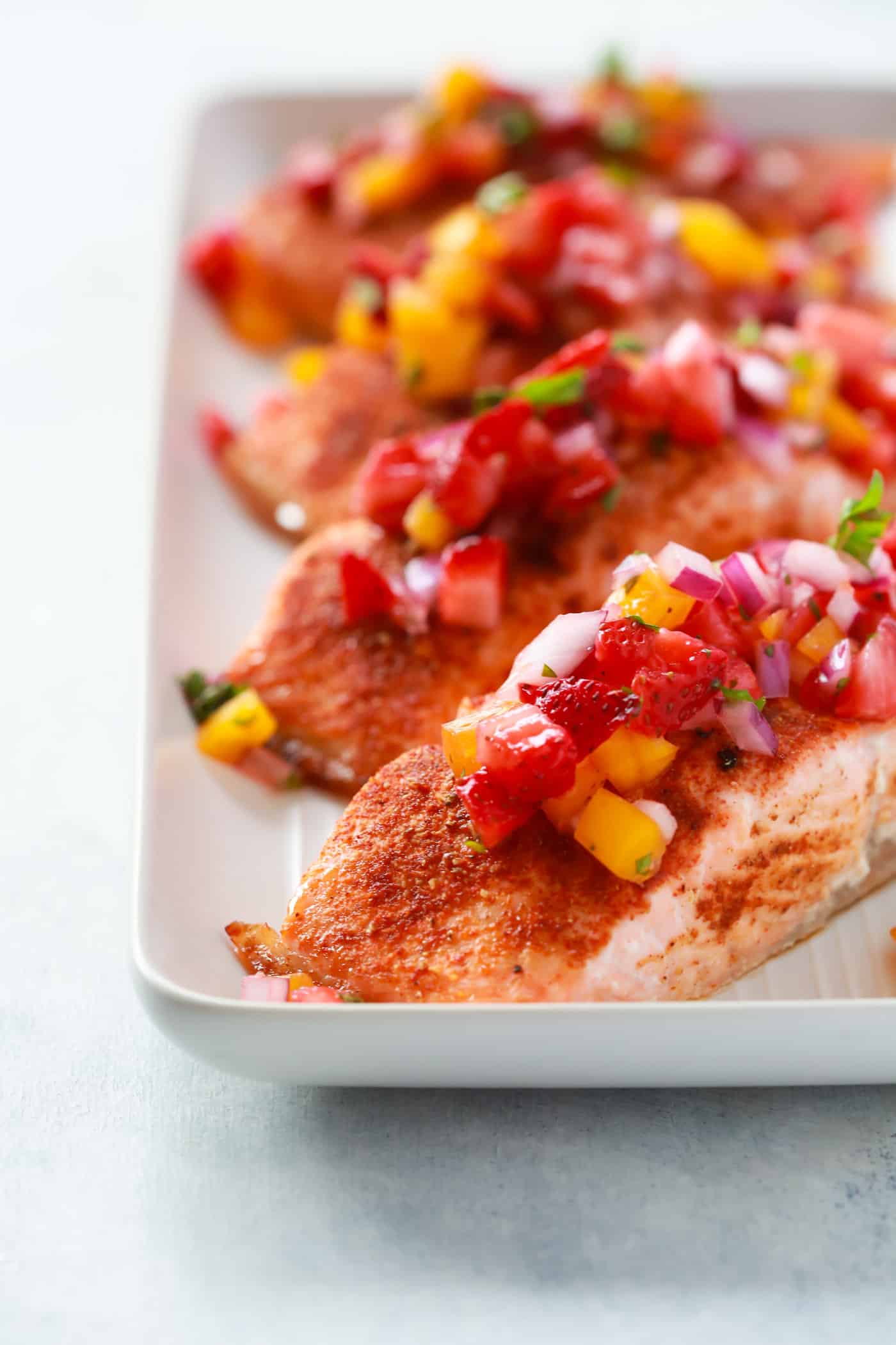 This Cajun Salmon with Strawberry Salsa is a perfect summer lunch or light dinner to enjoy during the week. It's easy to make, gluten-free, low-carb and paleo-friendly. 