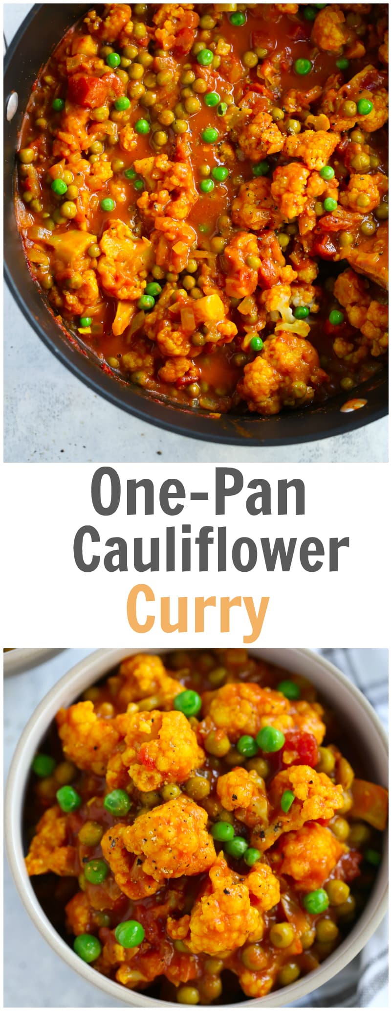 Easy One-Pan Cauliflower Curry Recipe is ready in 20 minutes. It’s made with cauliflower, green peas, diced tomatoes, curry and coconut milk. Also this recipe is gluten-free, vegan and if you don’t add green peas it’s low-carb too.