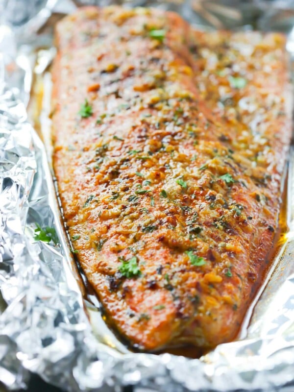 closeup of a spicy salmon fillet in a baking sheet