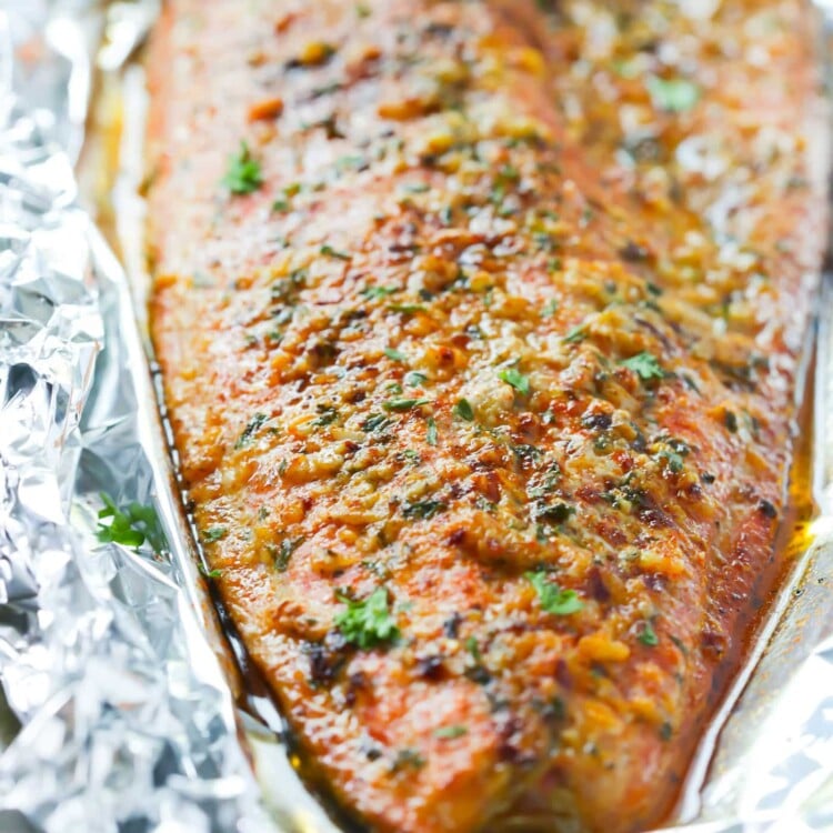 closeup of a spicy salmon fillet in a baking sheet