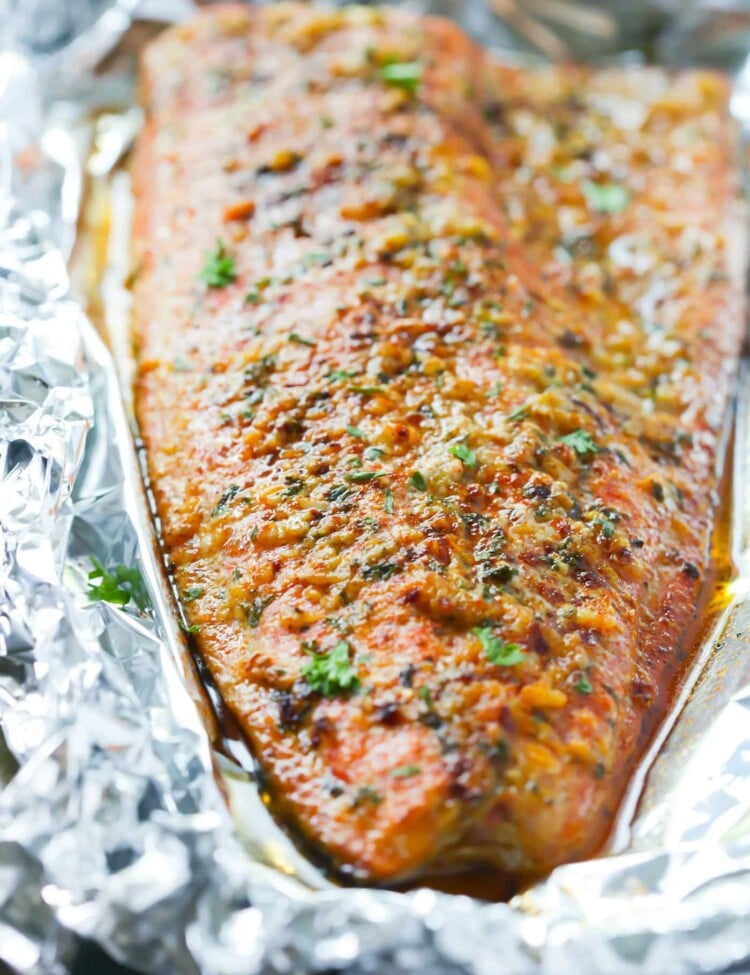 closeup of a spicy salmon fillet in a baking sheet