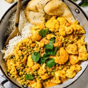 Overhead view of Cauliflower Curry Recipe in a skillet