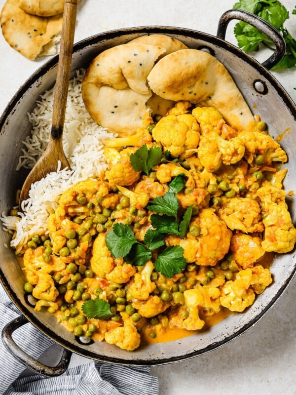 Overhead view of Cauliflower Curry Recipe in a skillet