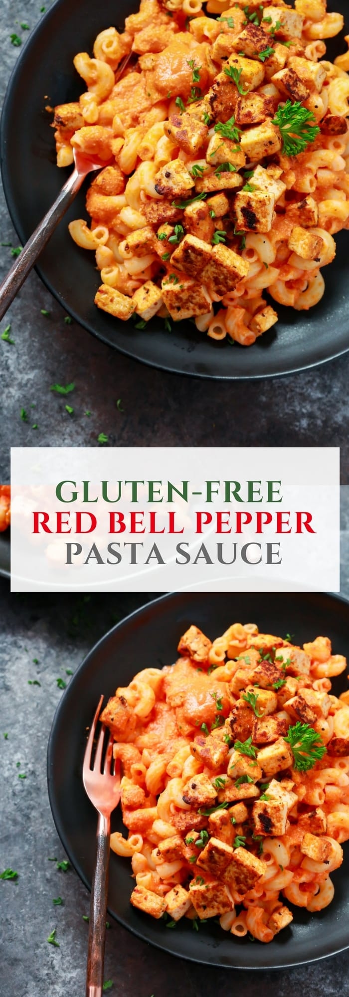 This Gluten-free Roasted Red Bell Pepper Pasta is also vegan, made with cashews, roasted red bell pepper, red onions, garlic and almond milk. And it’s topped with crispy and super flavorful tofu.