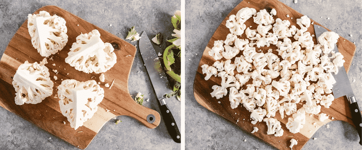 Step-by-step instructions on cutting a cauliflower into florets