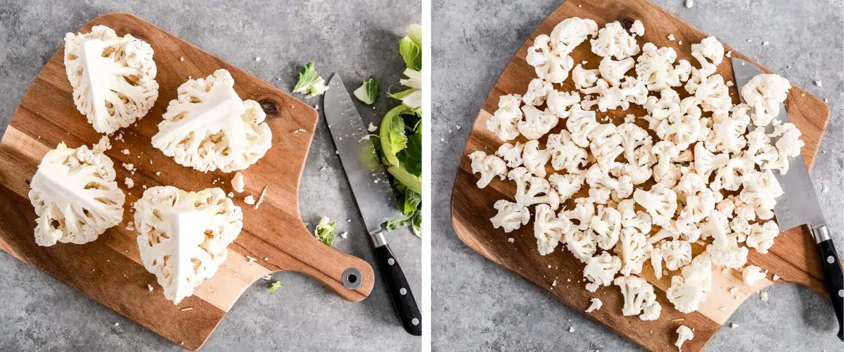 Step-by-step instructions on cutting a cauliflower into florets