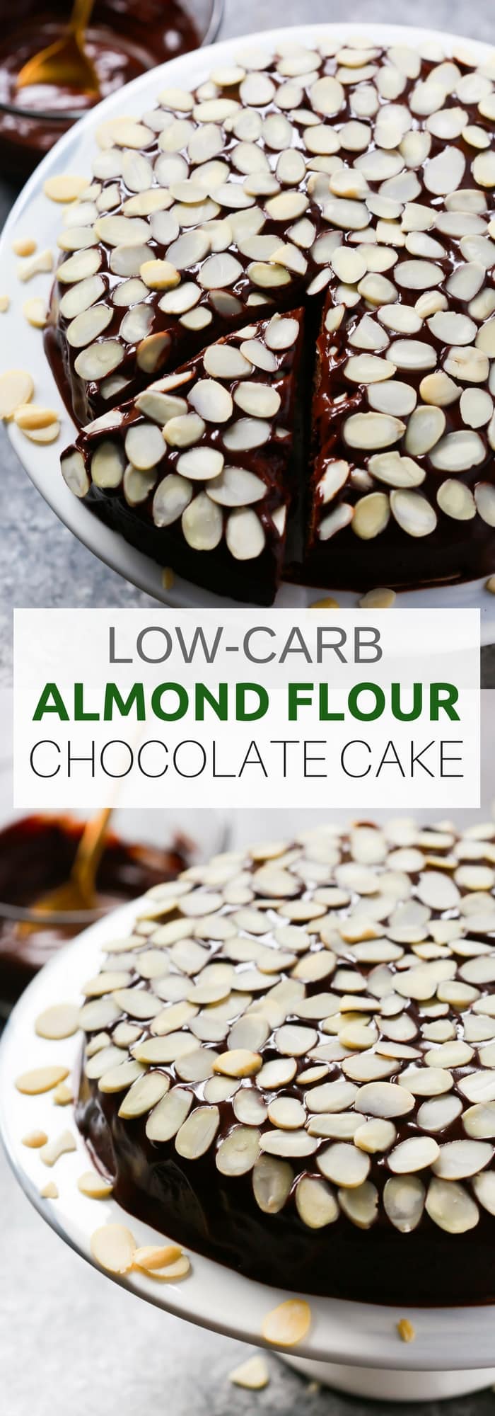  Healthier Low-carb Almond Flour Chocolate Cake for the Holidays! It’s made with almond flour, eggs, natural sweetener, cocoa power and lots of toasted natural sliced almonds. This cake is gluten-free too. Enjoy!