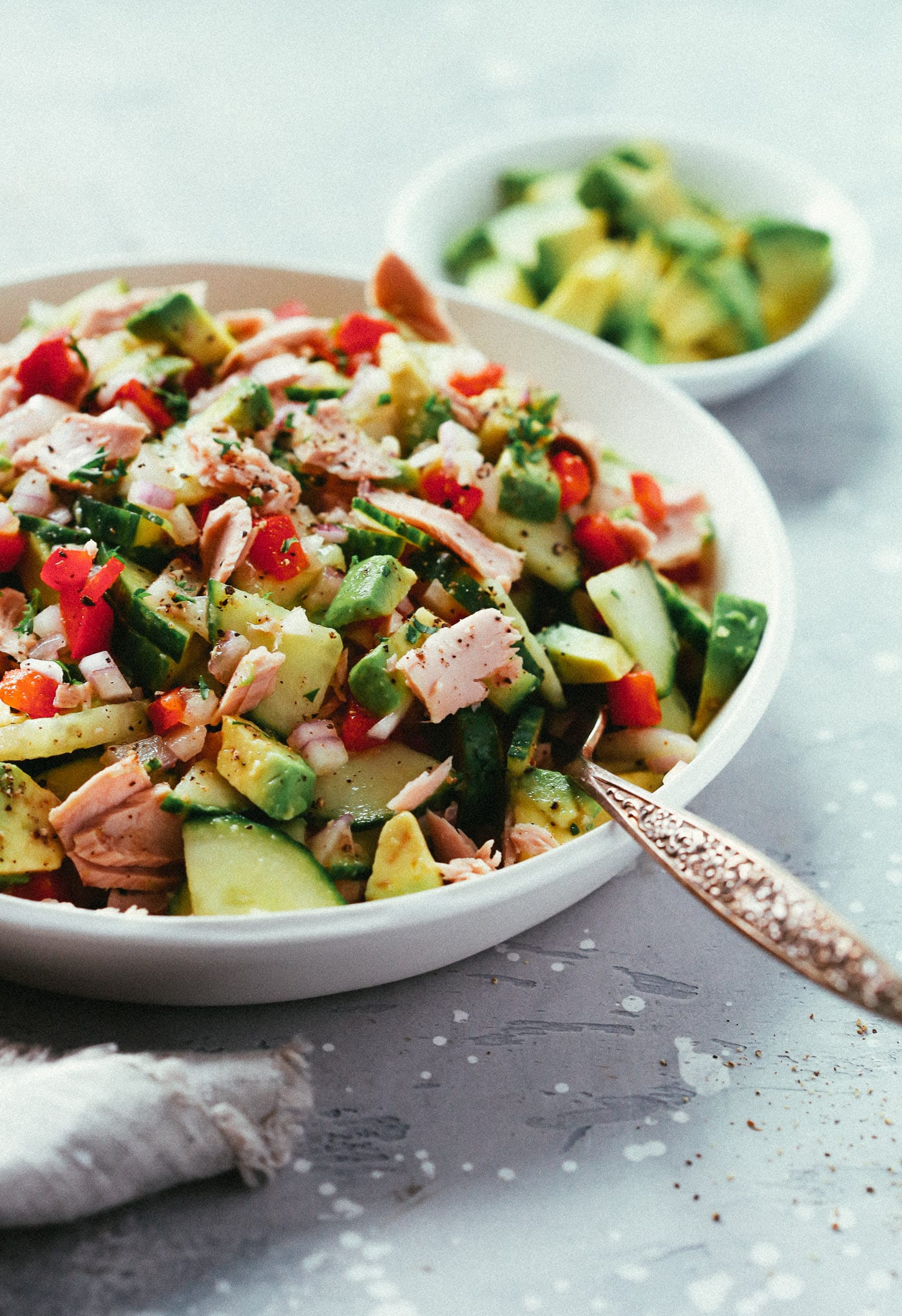 close-up of Avocado Tuna Salad in a white bowl