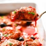 Overhead view of Instant Pot Chicken in a white casserole