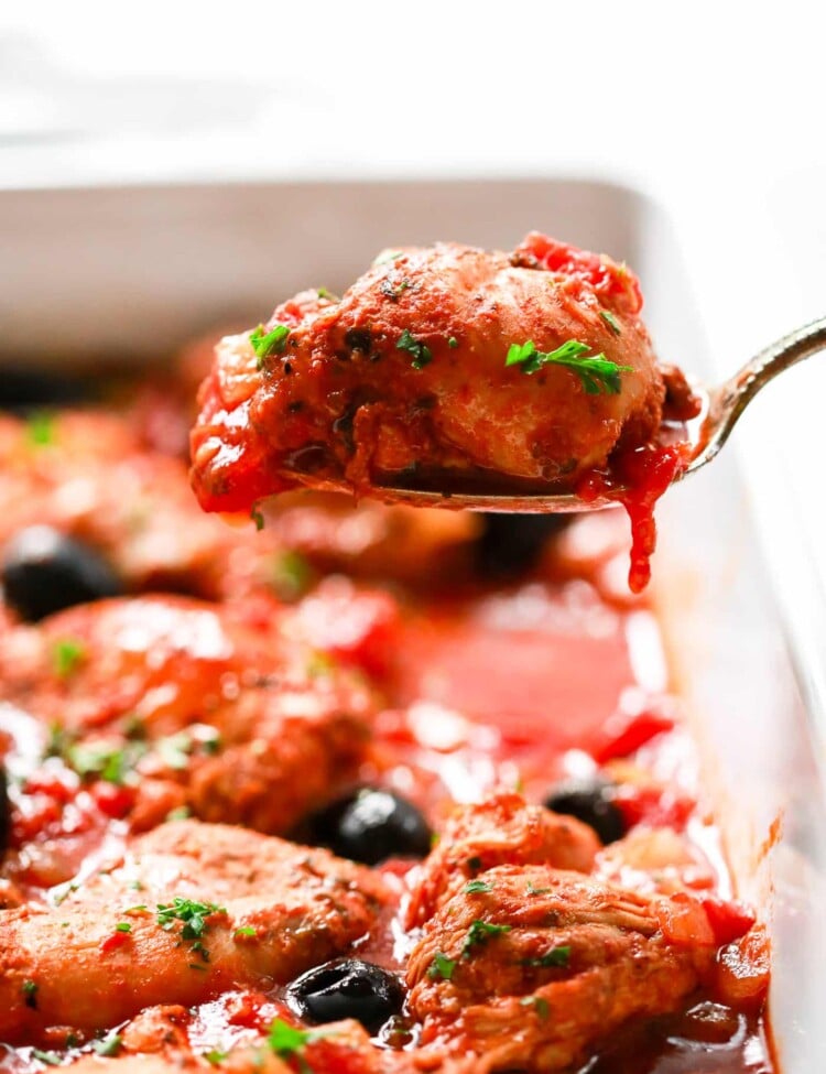 Overhead view of Instant Pot Chicken in a white casserole