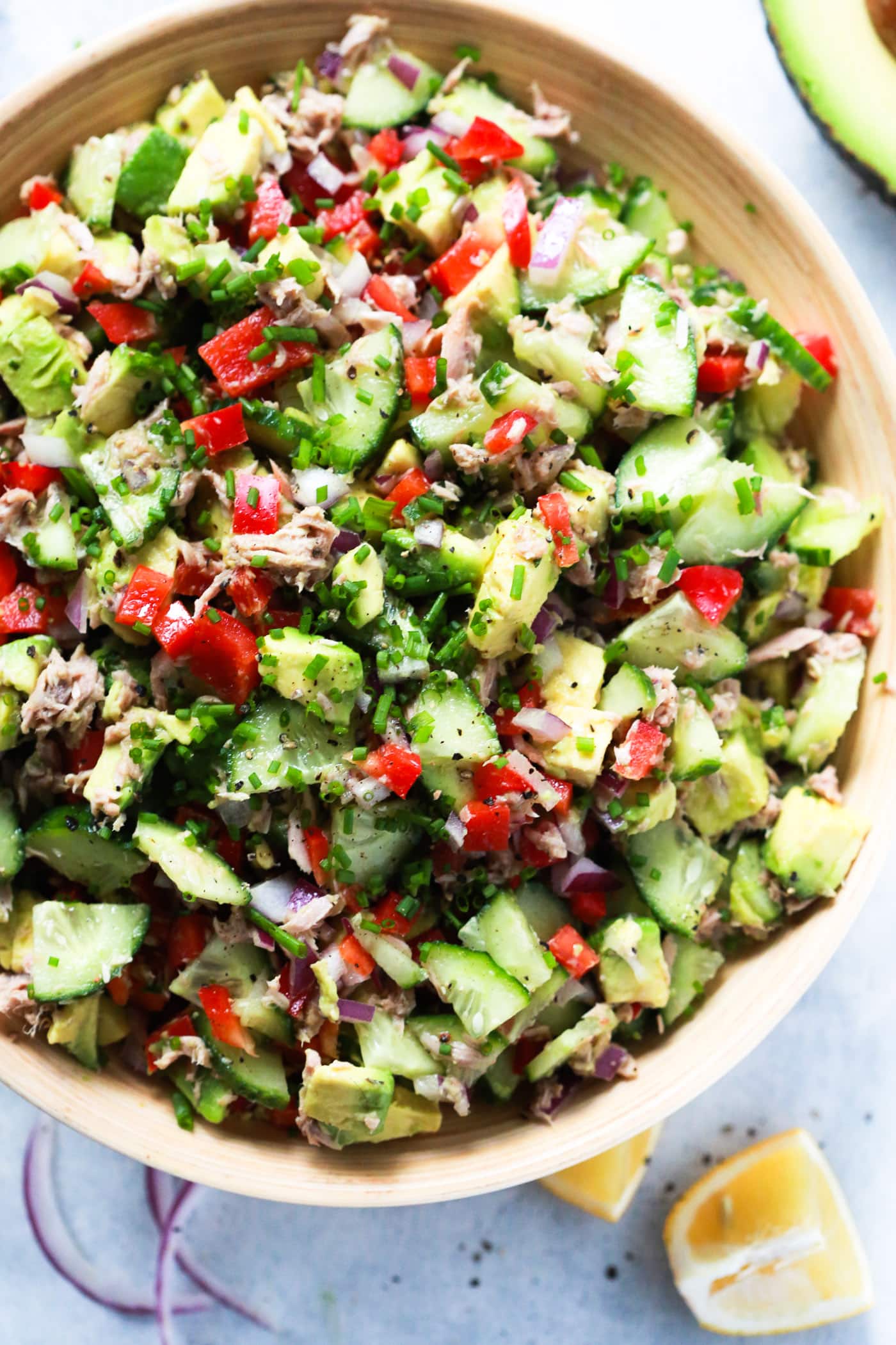 overhead view of a bowl of avocado cucumber salad - Healthy Salad Recipes