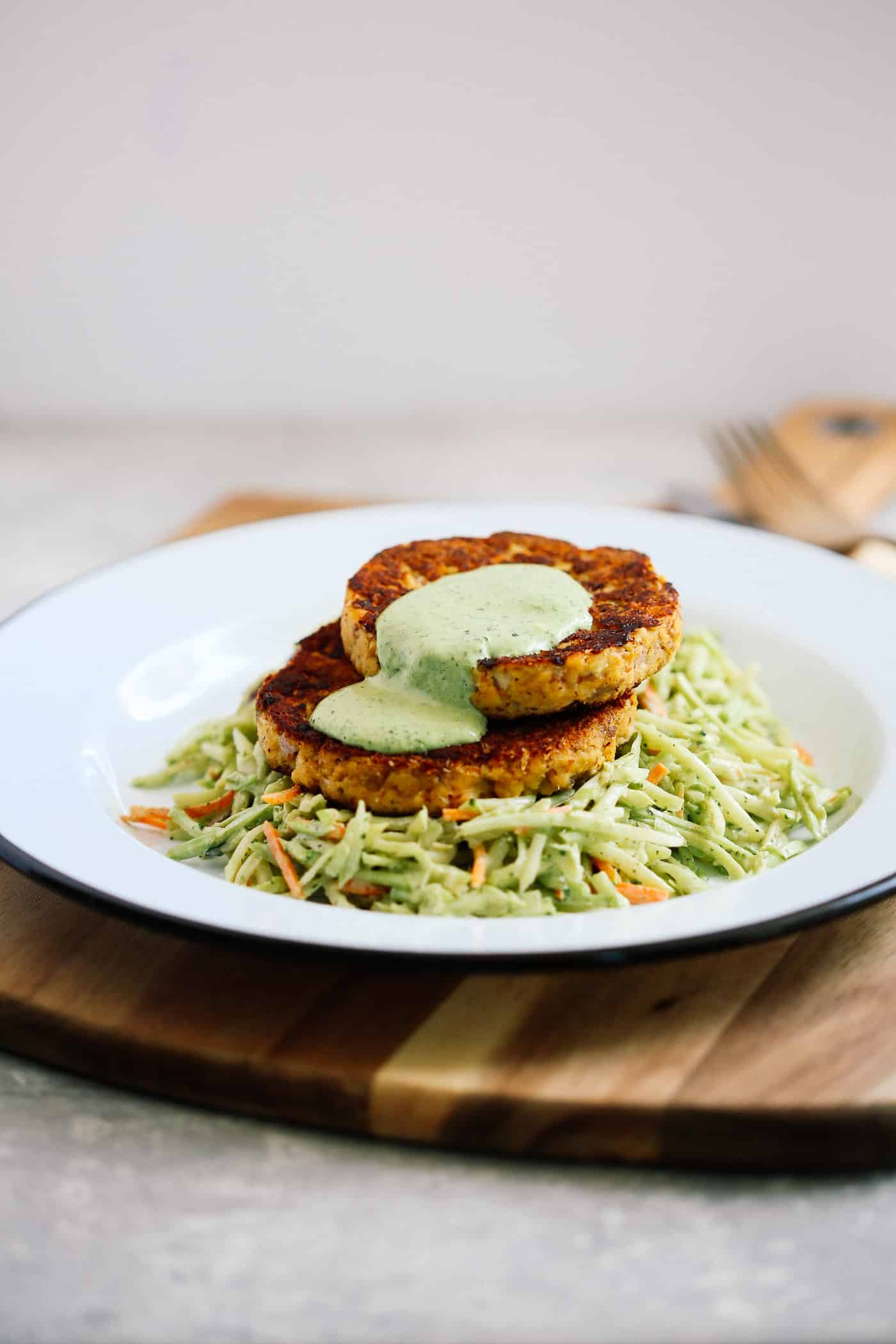 Low-Carb Salmon Burgers with Avocado Coleslaw - Primavera Kitchen