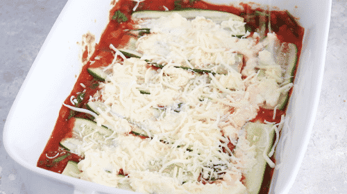closeup of zucchini lasagna in a white casserole