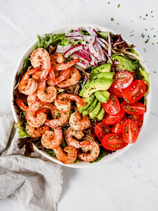 Overhead photo of a bowl of shrimp tomato salad.