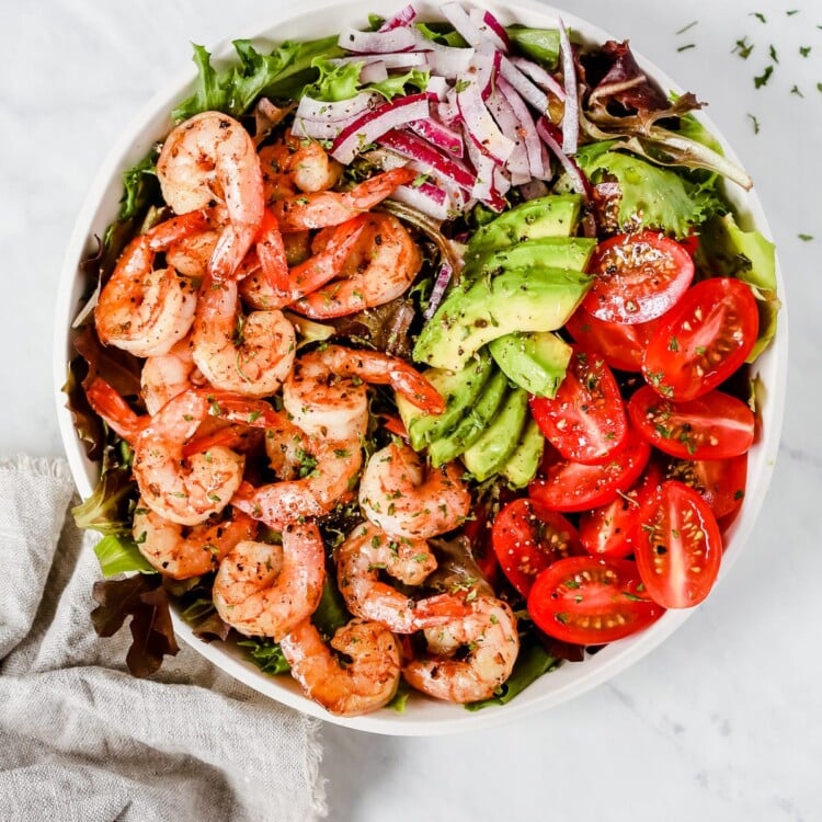 Overhead photo of a bowl of shrimp tomato salad.