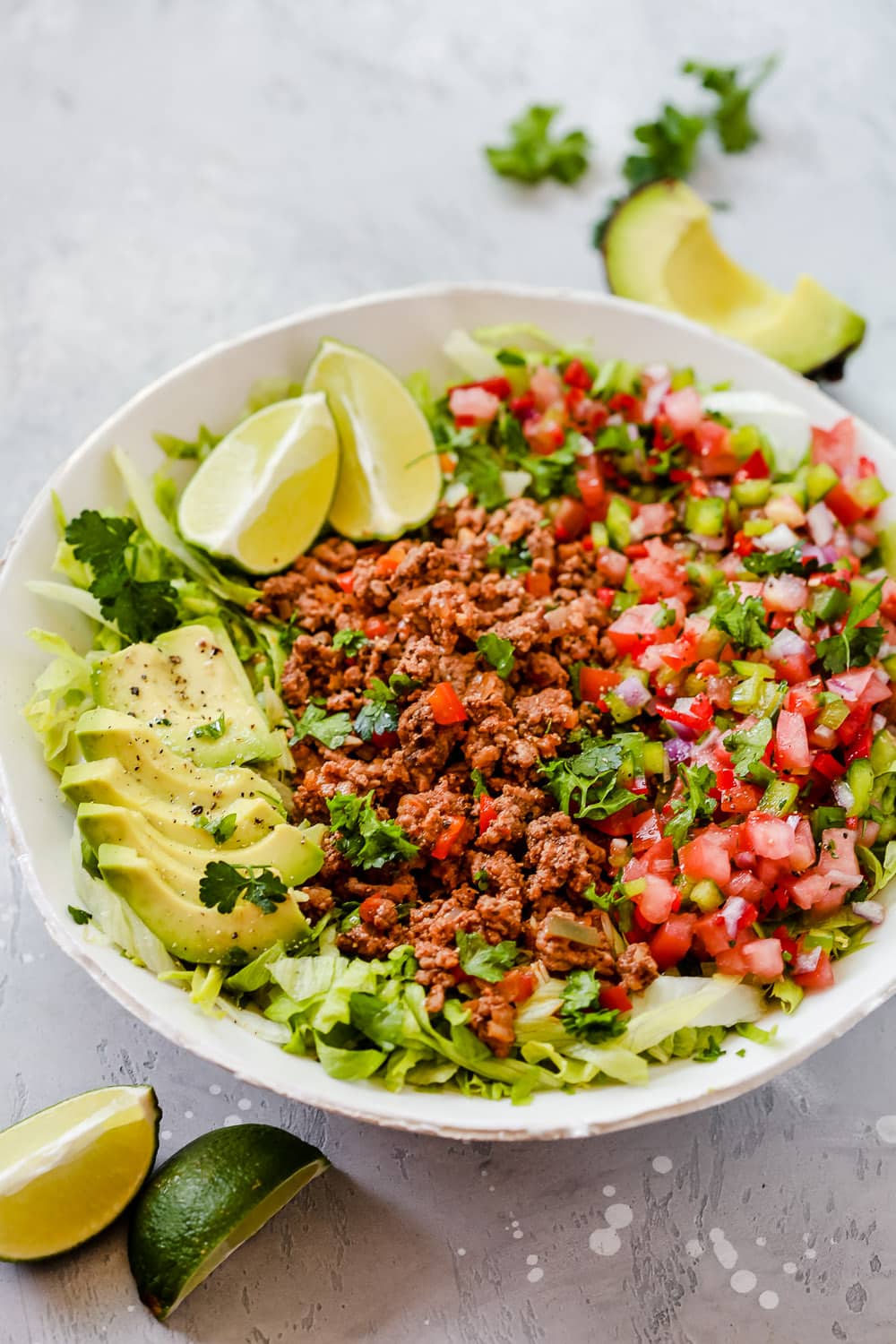 close-up of the Ground Beef Taco Salad with avocado slices