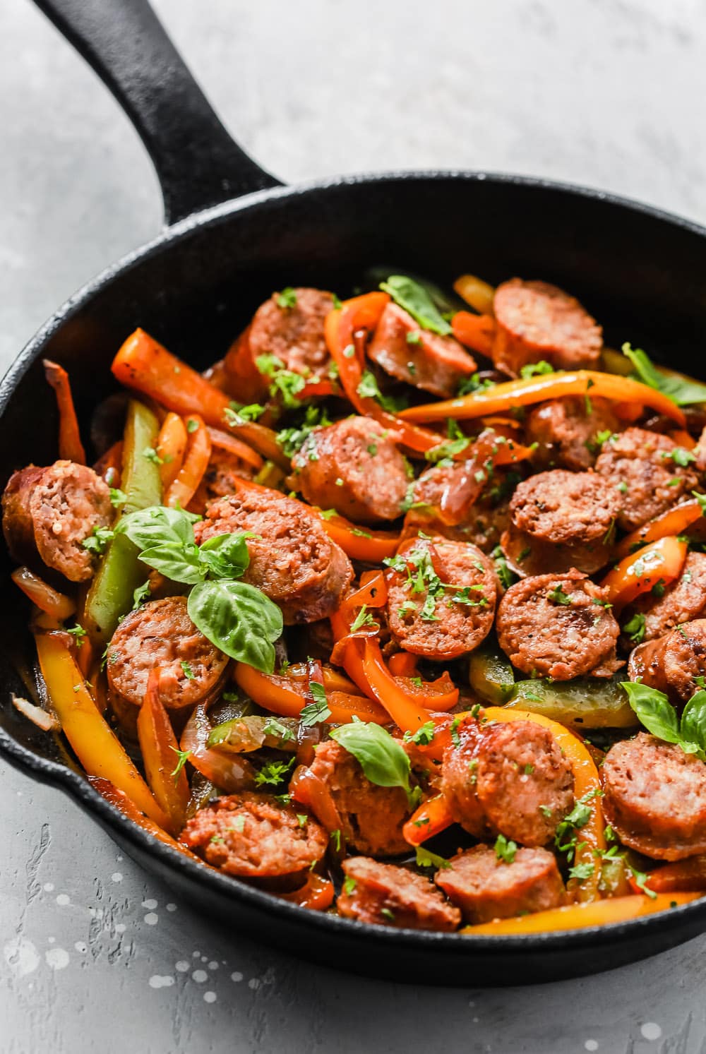 Italian Sausage, Onions and Peppers Skillet in a close-up shot