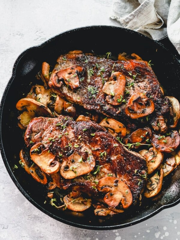 Pan Seared Steak with Mushrooms over head view.