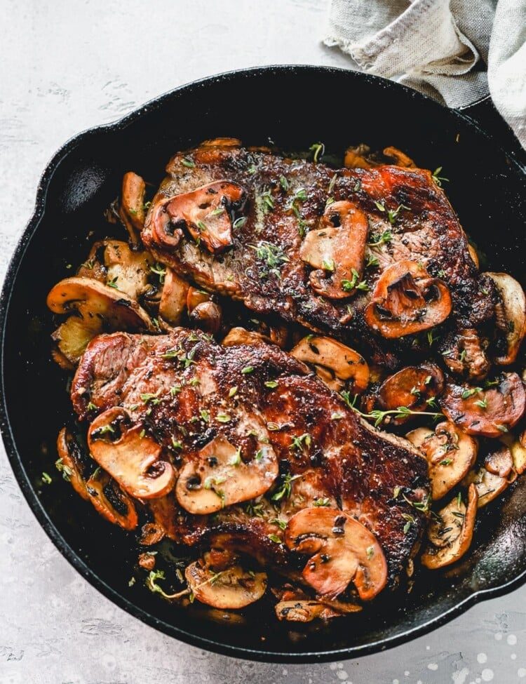 Pan Seared Steak with Mushrooms over head view.