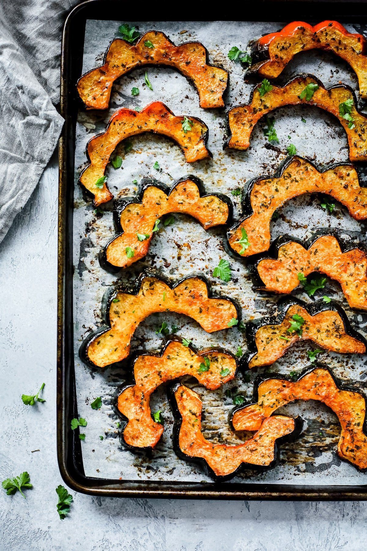 Easy Roasted Acorn Squash on a baking sheet