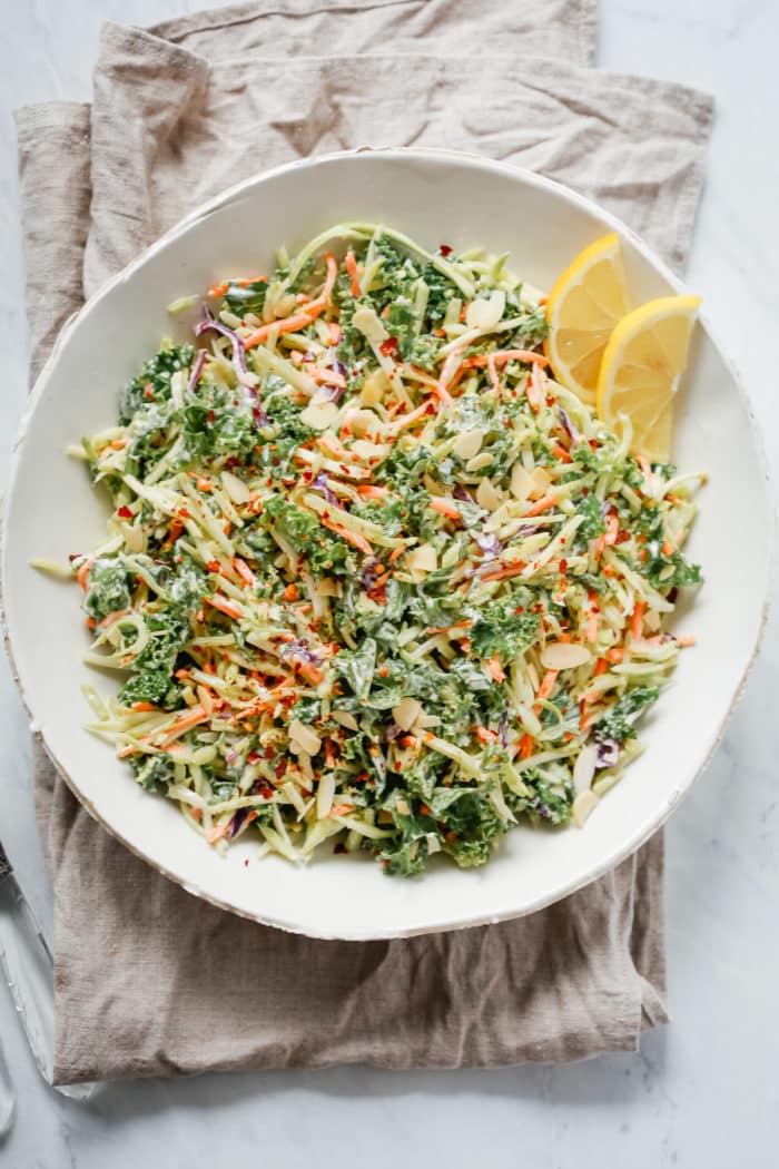 overhead view of slaw salad in a bowl