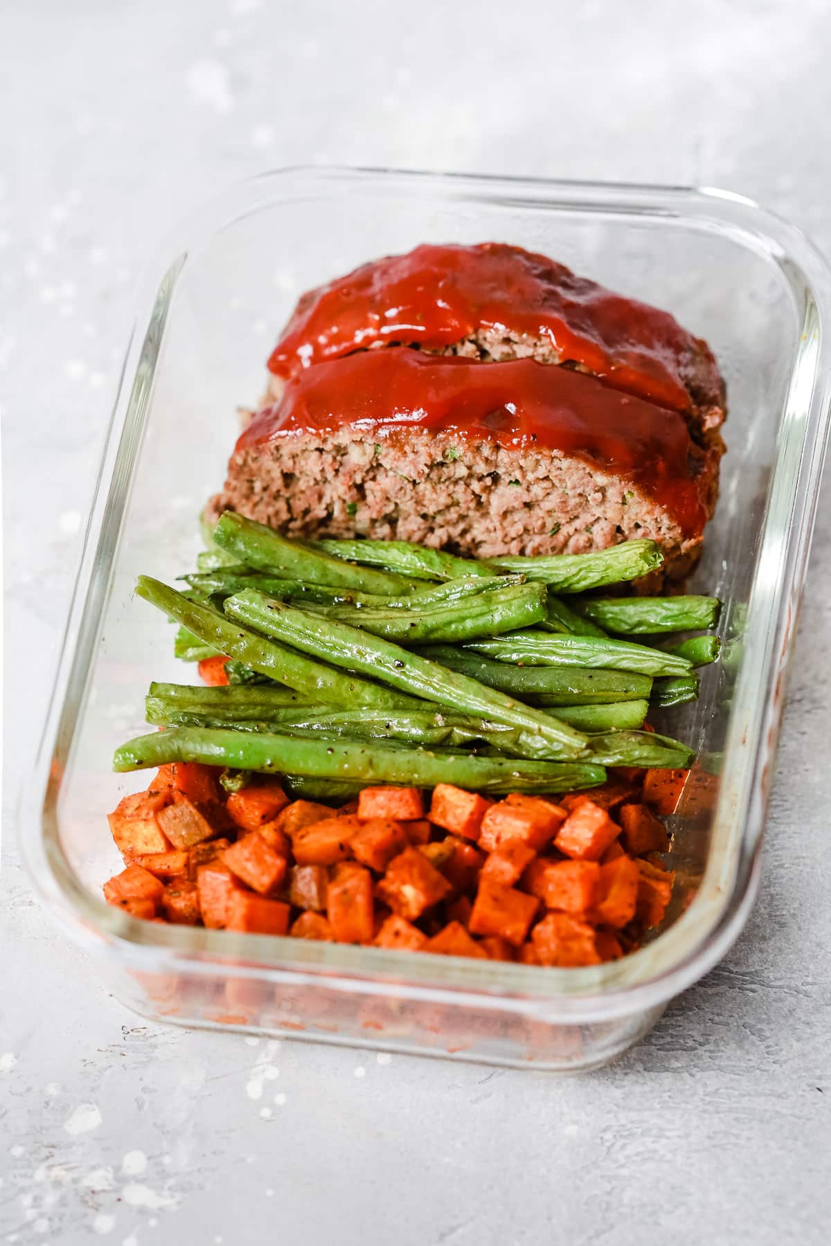 Overhead view of a Healthy Meatloaf Meal-Prep Bowl.