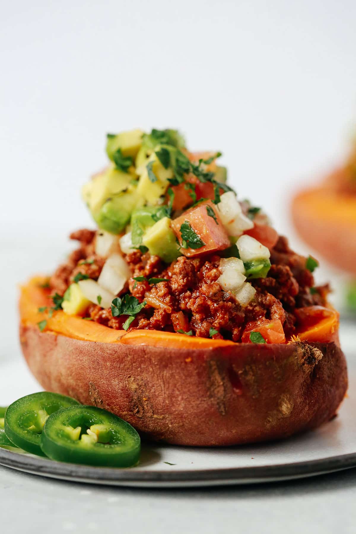 close up of taco stuffed sweet potato