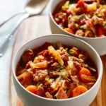 close up of cabbage and sausage bowl