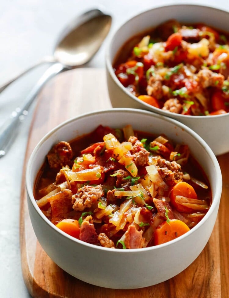 close up of cabbage and sausage bowl