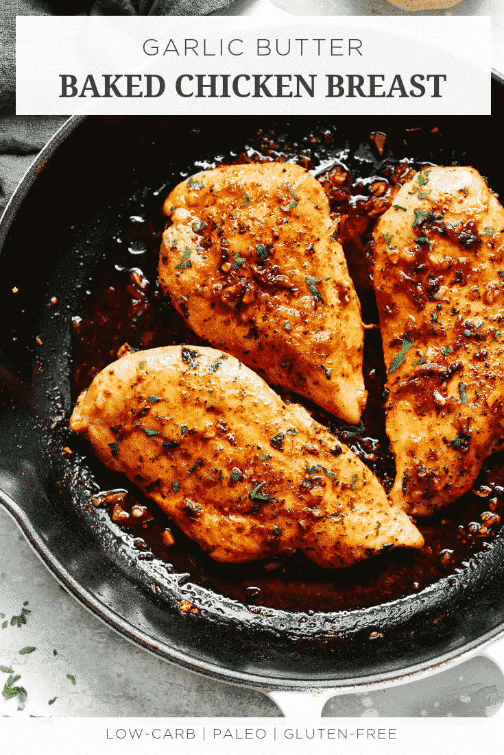 overhead view of three chicken breast in a cast iron skillet