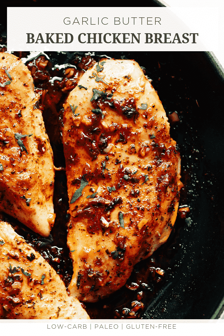 overhead view of Garlic Butter Baked Chicken Breasts in a cast iron skillet 