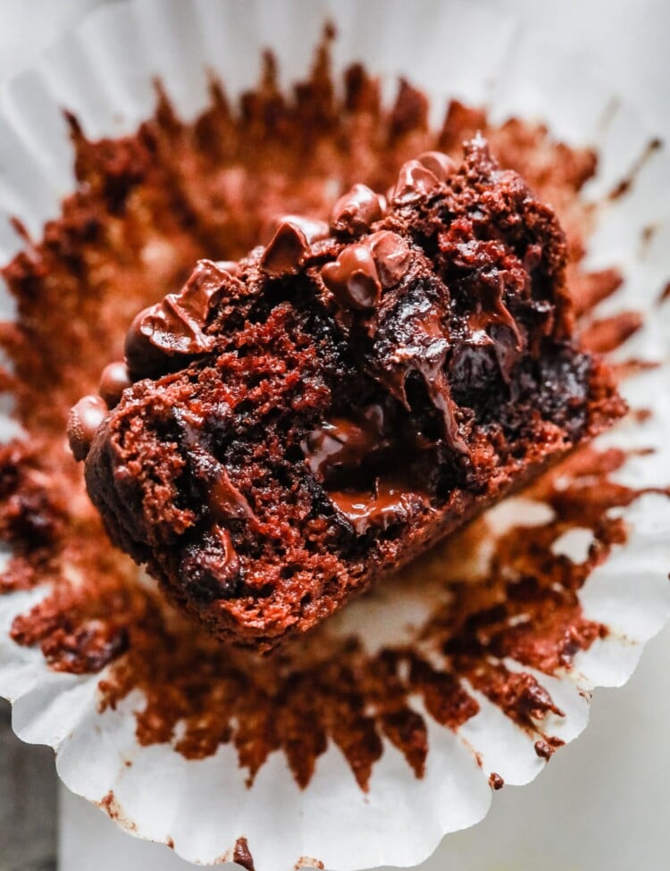 overhead view of chocolate muffins