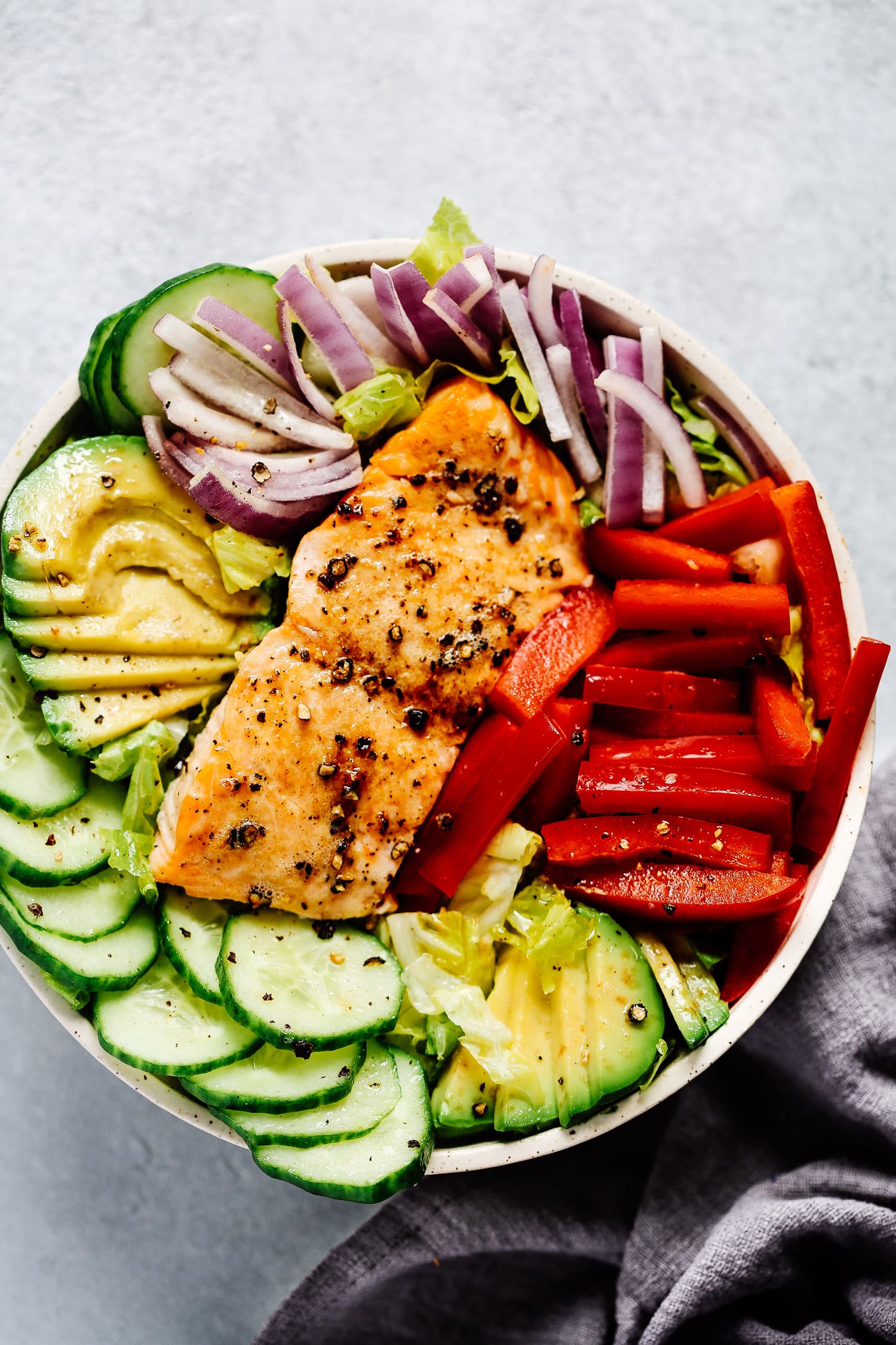 overhead view of salmon salad bowl
