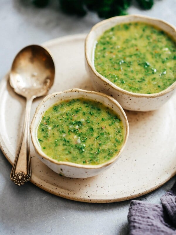 two small dishes of green chimichurri