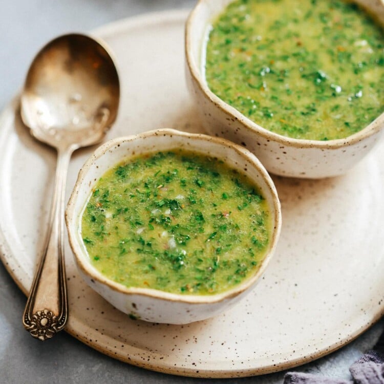 two small dishes of green chimichurri